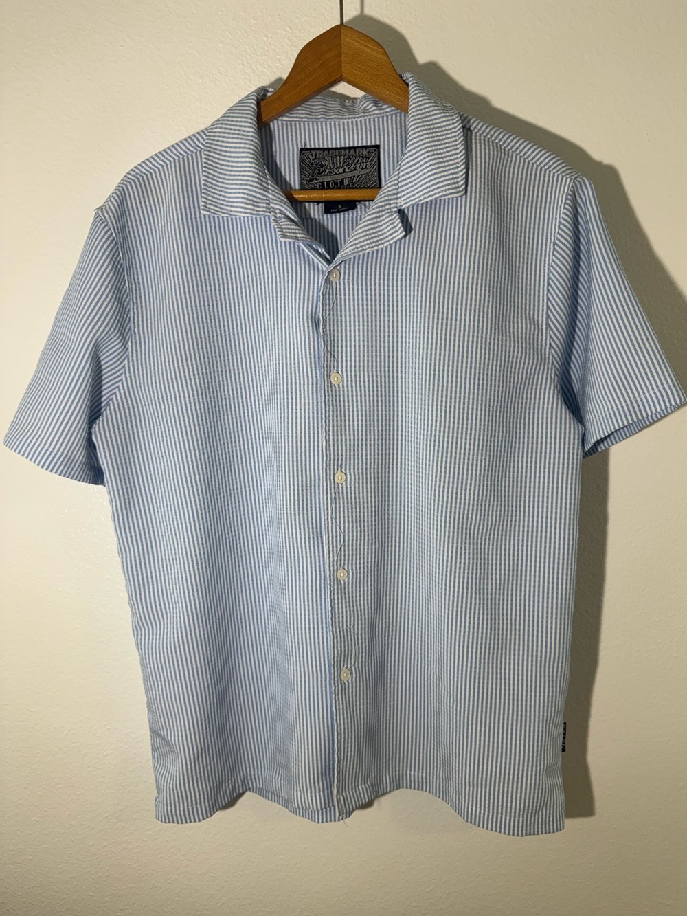 Light Blue Striped Short-Sleeve Button-Up Shirt